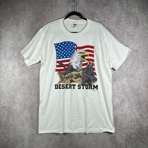 Vintage 1991 Desert Storm Eagle Print‎ Shirt Mens XL White Tennessee River Gold